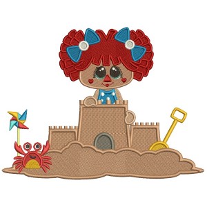 Little Girl Playing Building a Sand Castle With a Crab Filled Machine Embroidery Design Digitized Pattern